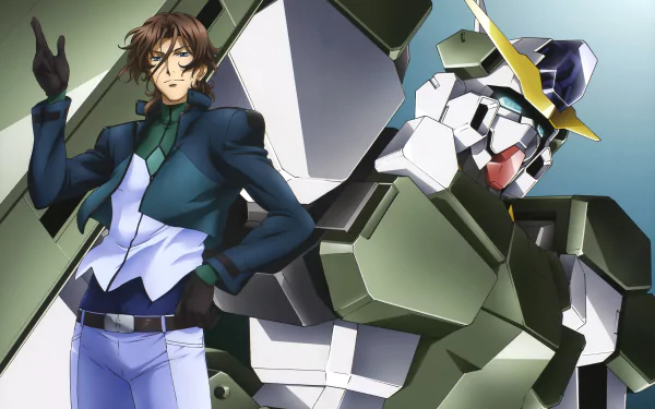 Anime Mobile Suit Gundam 00 5K Ultra HD PC desktop wallpaper and background, a pilot in a dark jacket leans against a green mobile suit, dramatic close-up of mech and character.