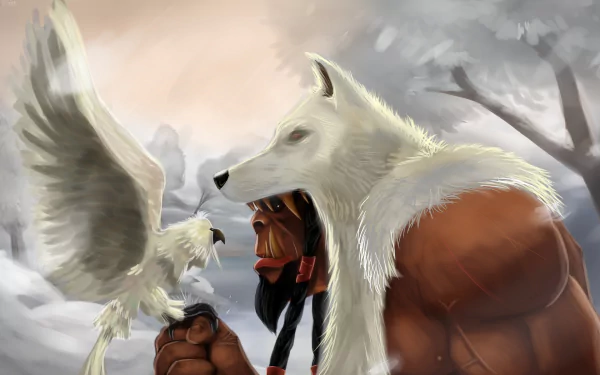 An orc warrior with a wolf-like head interacts with a white bird, set against a misty background, inspired by the World of Warcraft video game. HD desktop wallpaper.