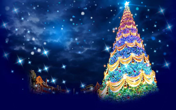 A vibrant, colorful Christmas tree decorated with lights and garlands against a starry night sky, captured in HD for a festive PC desktop wallpaper.