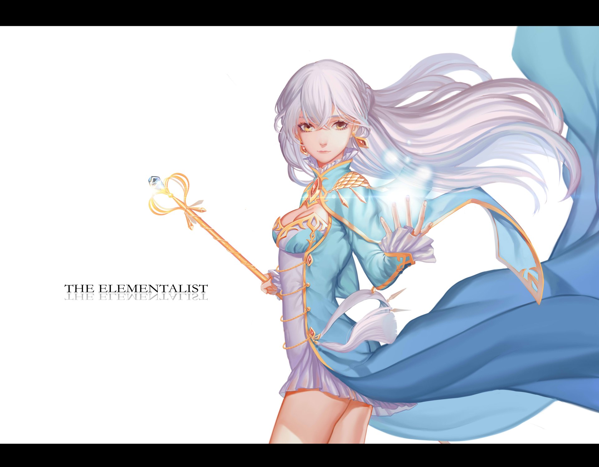 Anime original 4K Ultra HD PC desktop wallpaper of a silver‑haired elementalist in an ornate blue coat with flowing cape, holding a golden staff against a clean white background.