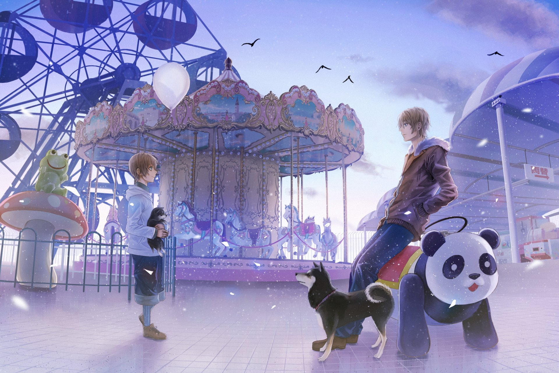 A vibrant 4K Ultra HD anime wallpaper featuring two characters at a carnival, with a carousel, playful dogs, and colorful balloons creating a whimsical atmosphere.