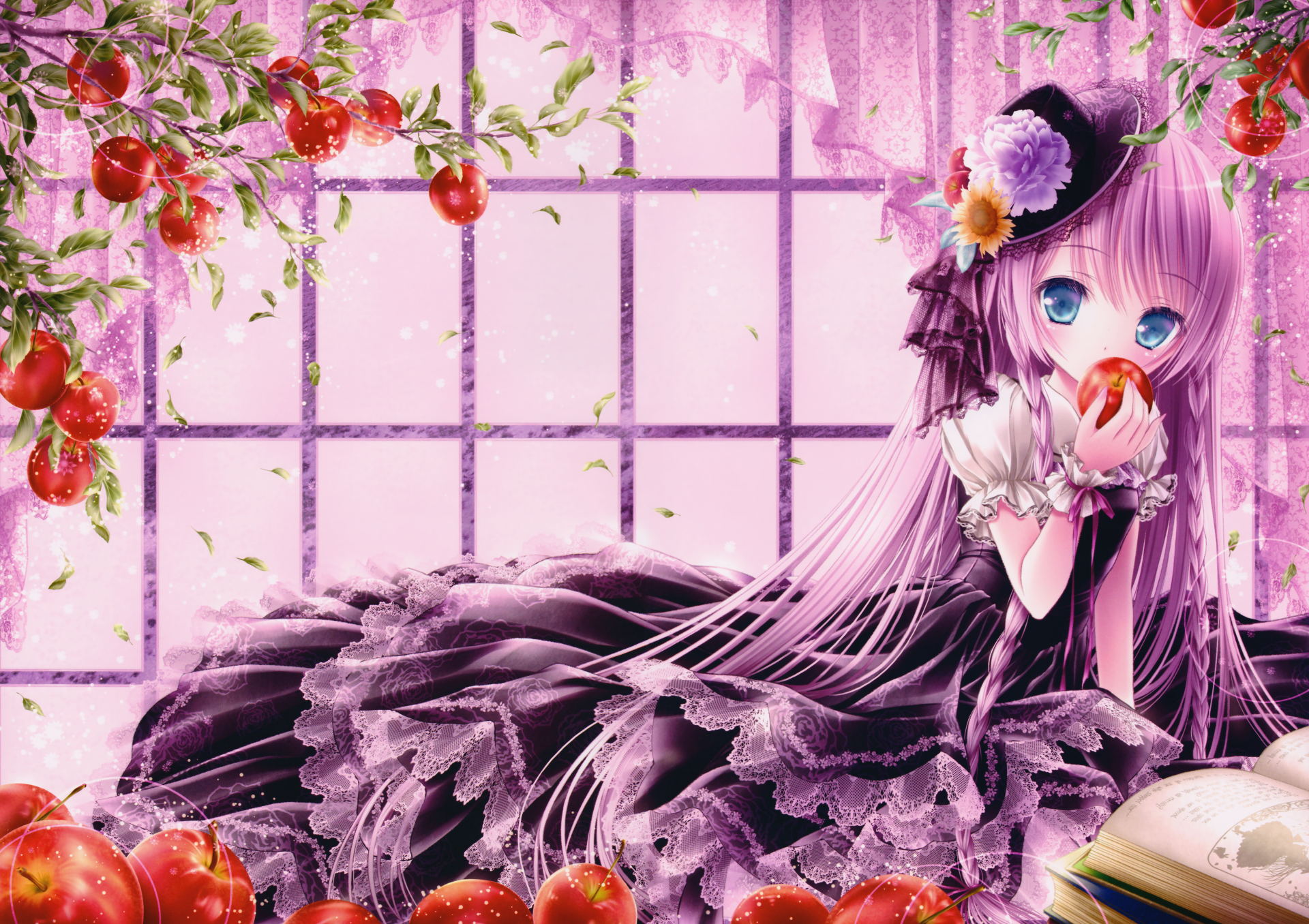 A captivating anime scene featuring a character with blue eyes, dressed in a black dress, holding an apple amidst a whimsical backdrop of pink and lush greenery. Original HD wallpaper design.
