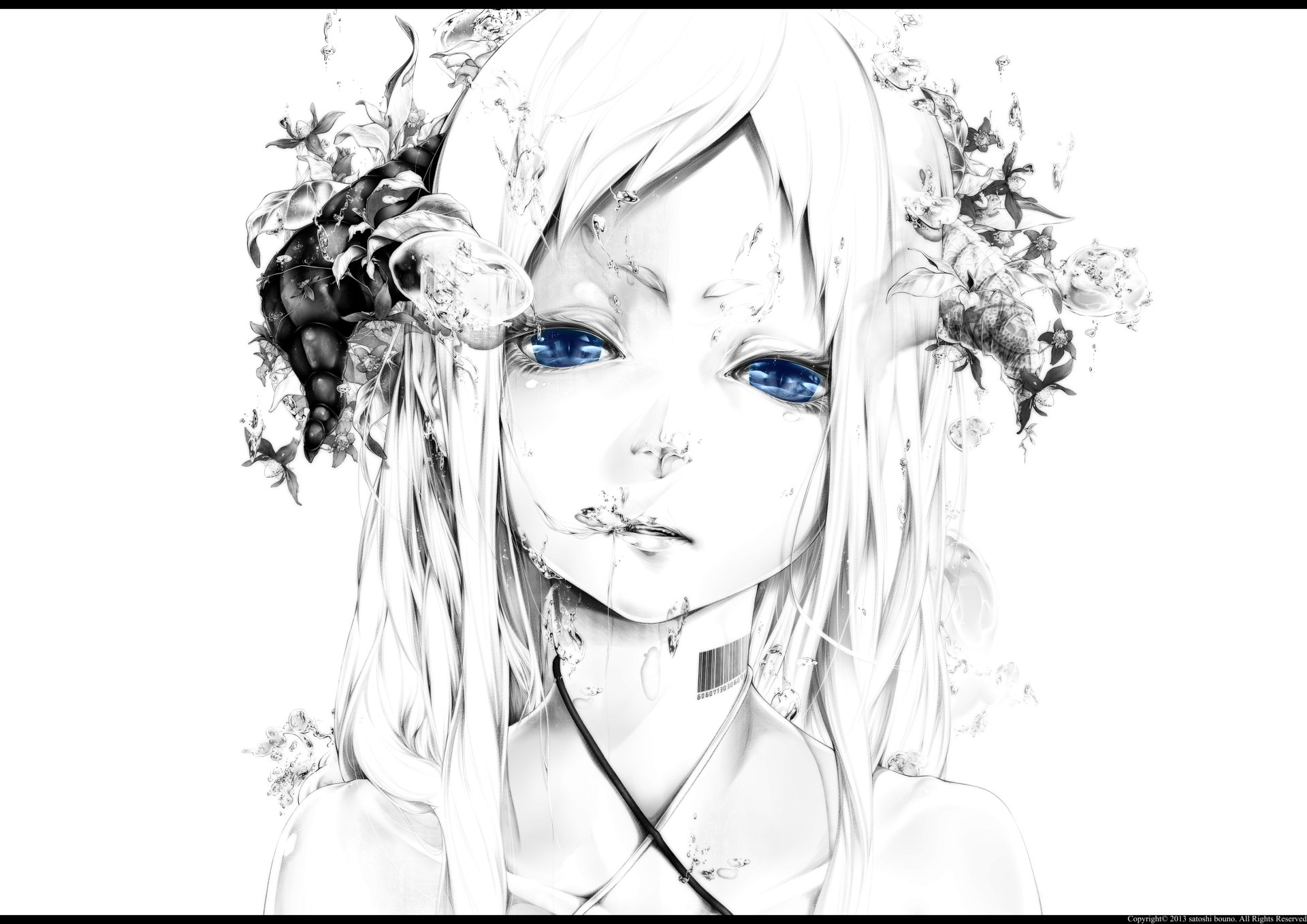 Black and white original anime-style portrait with striking blue eyes, featuring floral accents, designed as an HD PC desktop wallpaper and background.