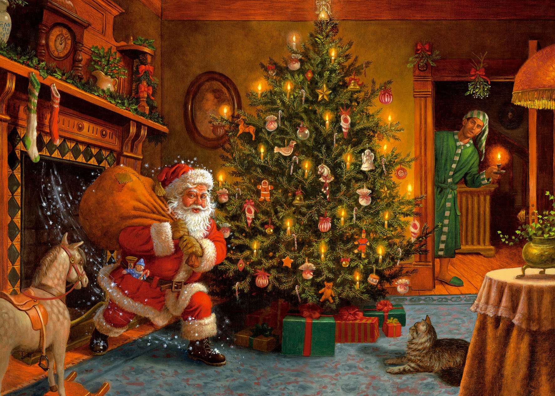 Santa At Christmas Tree In Living Room