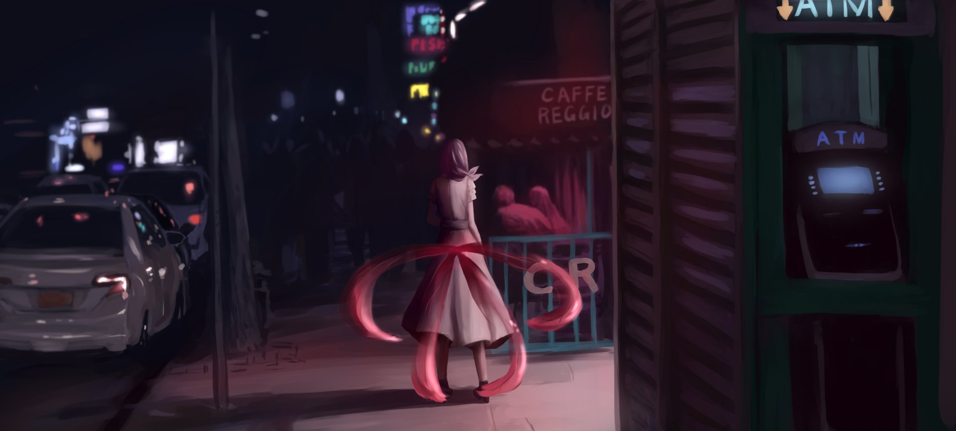 HD anime wallpaper: Rize Kamishiro (Tokyo Ghoul) at night by a parked car, in a white dress with her pink kagune unfurling across the city street.
