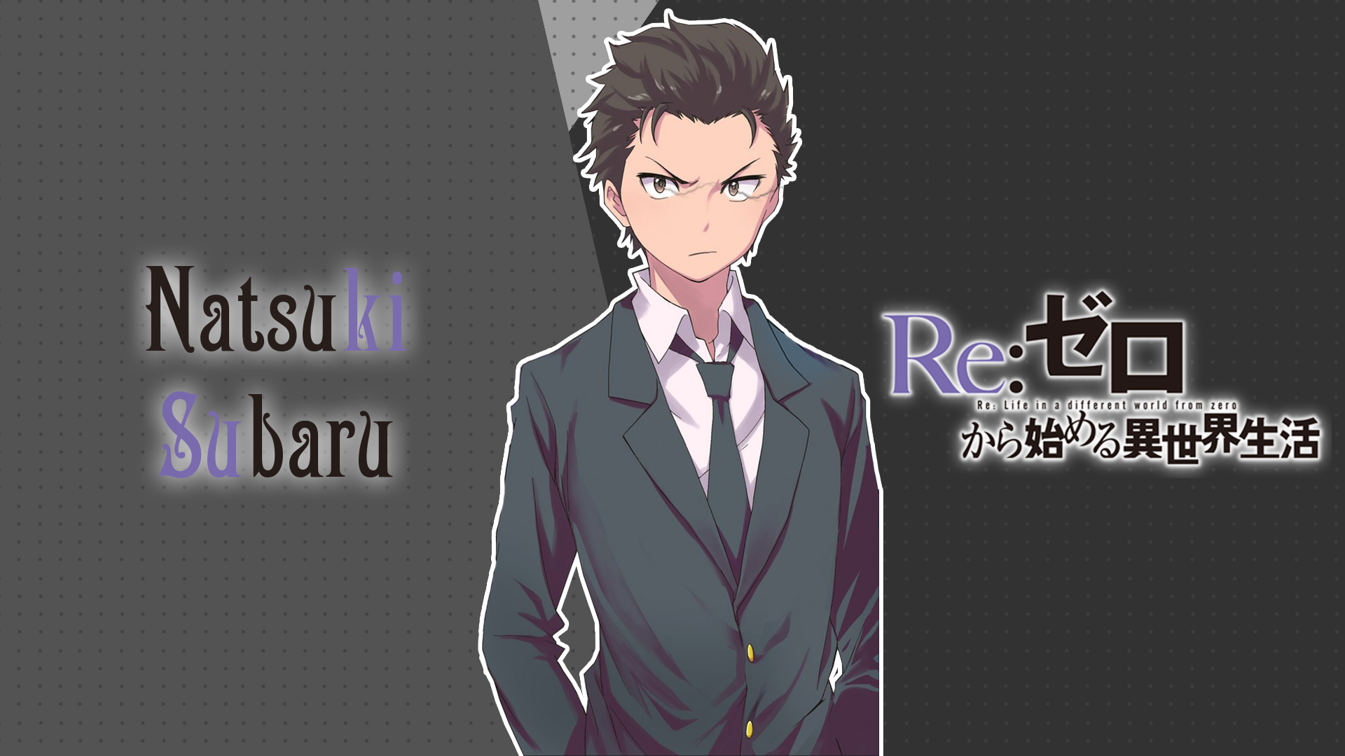 HD PC wallpaper featuring Subaru Natsuki from the anime Re:Zero - Starting Life in Another World, showcasing the character in a suit against a dark, textured background.