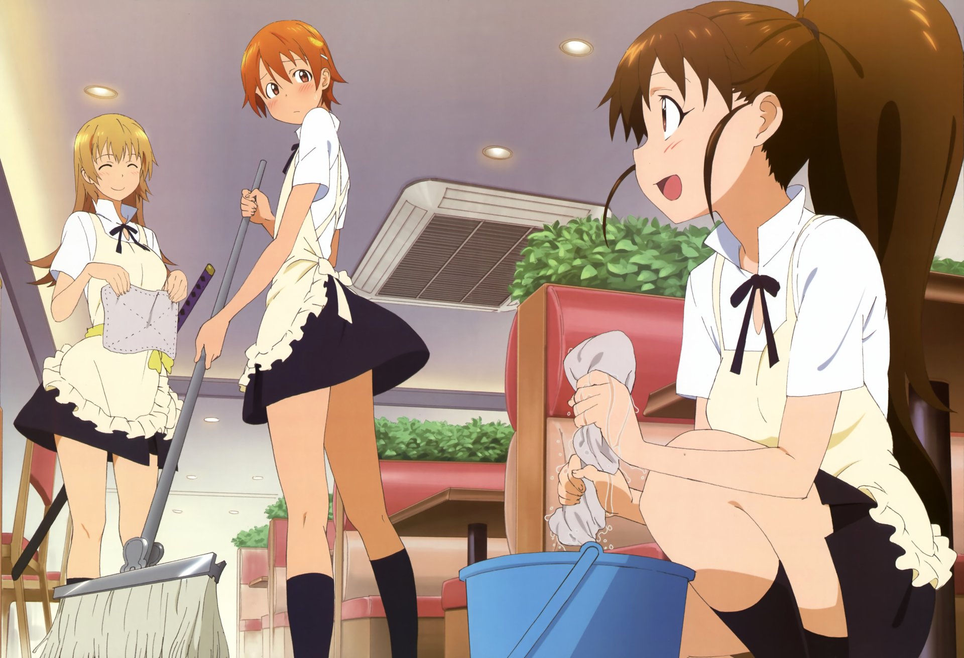 4K Ultra HD anime wallpaper featuring three characters from Working!! in a café setting, dressed in maid uniforms, cleaning and interacting energetically.
