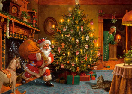 A cozy living room adorned for the holidays features a beautifully decorated Christmas tree. Santa Claus is depicted bringing gifts, with a cat watching nearby.