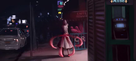 HD anime wallpaper: Rize Kamishiro (Tokyo Ghoul) at night by a parked car, in a white dress with her pink kagune unfurling across the city street.