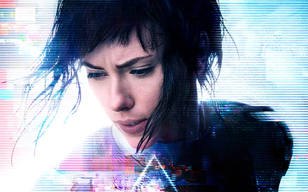 HD desktop wallpaper from the movie Ghost in the Shell (2017), featuring Scarlett Johansson in a futuristic, cyber-themed setting.