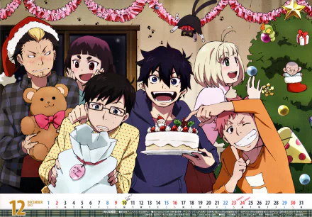 HD PC desktop wallpaper featuring a cheerful group of Blue Exorcist anime characters celebrating with a cake and festive decorations.