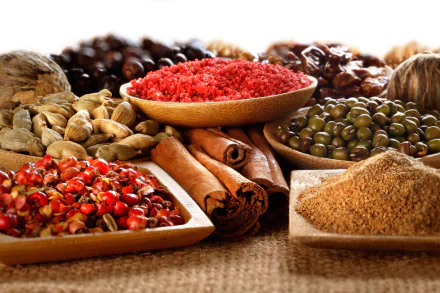 Vibrant assortment of cinnamon sticks, ground spices, and colorful herbs displayed in bowls, captured in a 4K Ultra HD wallpaper showcasing rich textures of spices.