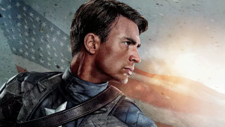 HD desktop wallpaper of Chris Evans as Captain America from the movie Captain America: The First Avenger, featuring a close-up of him in costume with the American flag in the background.