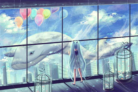 fish birdcage sky balloon whale Hatsune Miku Anime Vocaloid Sky Anime HD Desktop Wallpaper | Background Image
