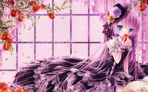 A captivating anime scene featuring a character with blue eyes, dressed in a black dress, holding an apple amidst a whimsical backdrop of pink and lush greenery. Original HD wallpaper design.