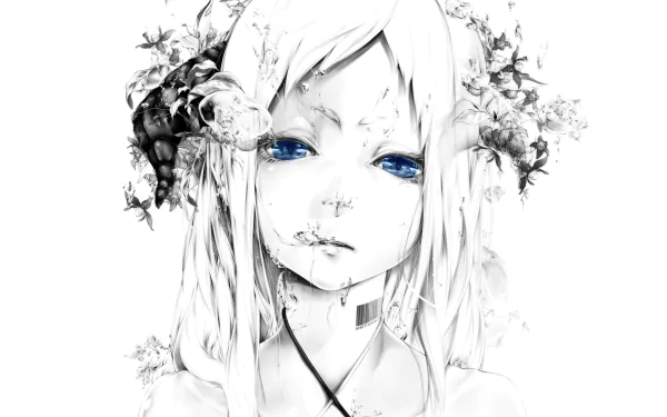 Black and white original anime-style portrait with striking blue eyes, featuring floral accents, designed as an HD PC desktop wallpaper and background.
