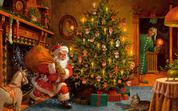 A cozy living room adorned for the holidays features a beautifully decorated Christmas tree. Santa Claus is depicted bringing gifts, with a cat watching nearby.