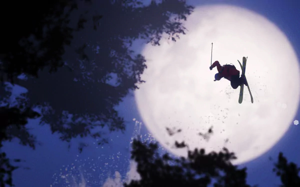 Skier performing a jump against a full moon backdrop in the Steep video game, featured as an HD PC desktop wallpaper and background.