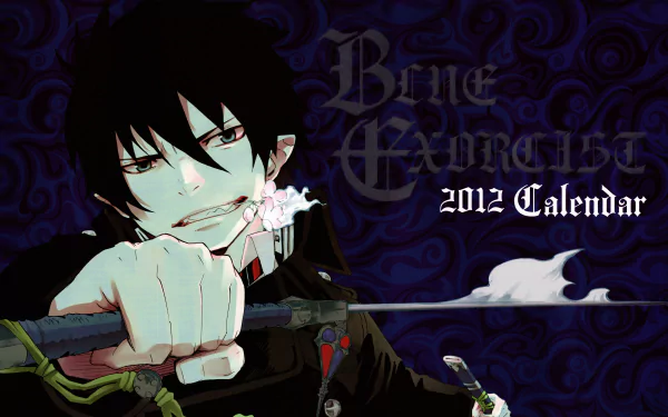 Anime Blue Exorcist 5K Ultra HD PC desktop wallpaper: dark-haired Rin Okumura smirking while holding a sword against a dark ornate background with Blue Exorcist 2012 Calendar text.