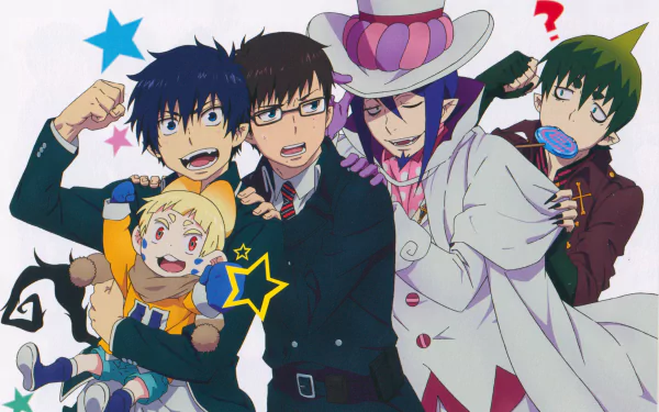 Anime blue exorcist characters posed together in vibrant detail, captured in a 4K Ultra HD PC desktop wallpaper and background.