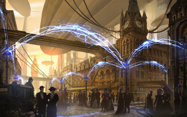 HD wallpaper featuring a futuristic steampunk cityscape with Big Ben, airships, electric arcs, and people in Victorian attire, blending elements of sci-fi and fantasy in a bustling London setting.