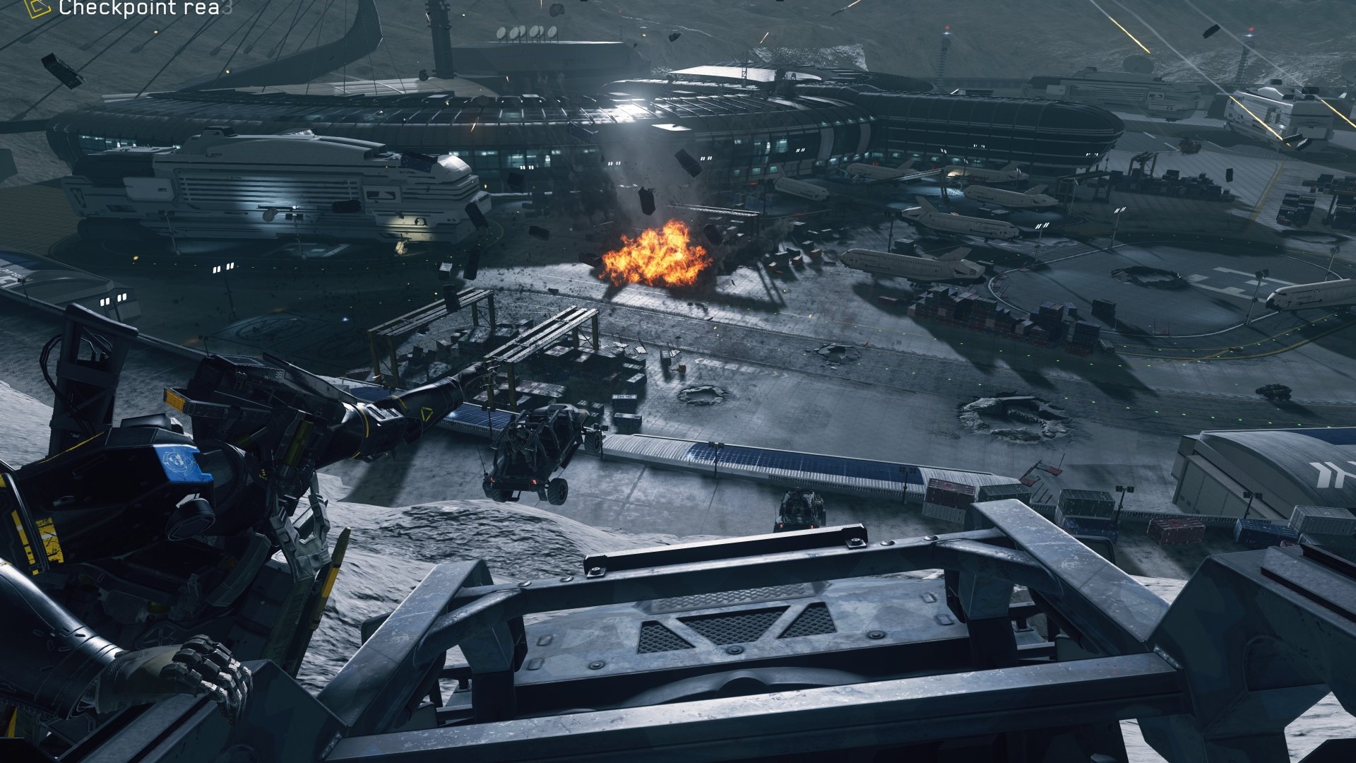 4K Ultra HD PC desktop wallpaper featuring a detailed battlefield scene from the video game Call of Duty: Infinite Warfare with vehicles, explosions, and futuristic structures.