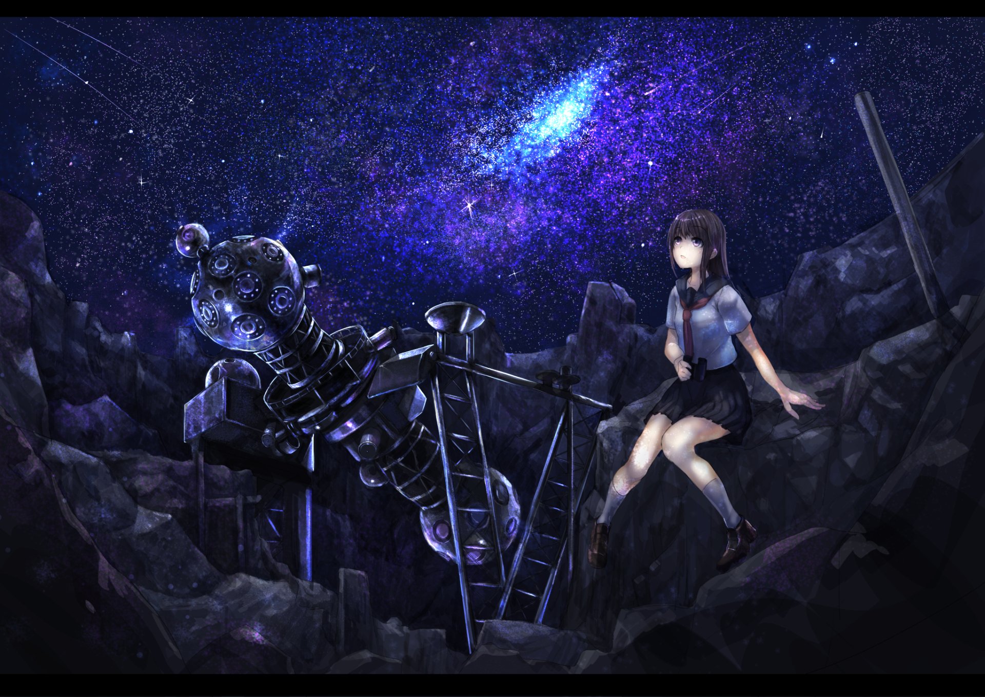 Anime original HD PC desktop wallpaper: a schoolgirl sits on rocky ruins beneath a vivid purple galaxy, beside a giant mechanical skeleton and ladder in a moody sci‑fi nightscape.