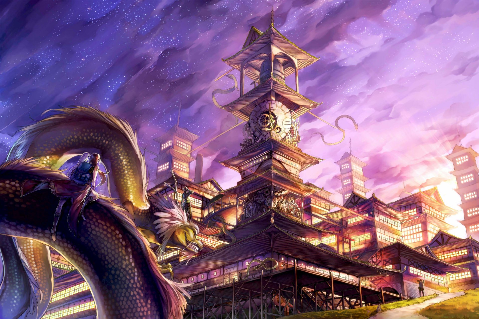 Anime original HD PC desktop wallpaper of a glowing temple at dusk with a coiled dragon in the foreground, lantern-lit architecture and a clock tower beneath a starry purple sky.