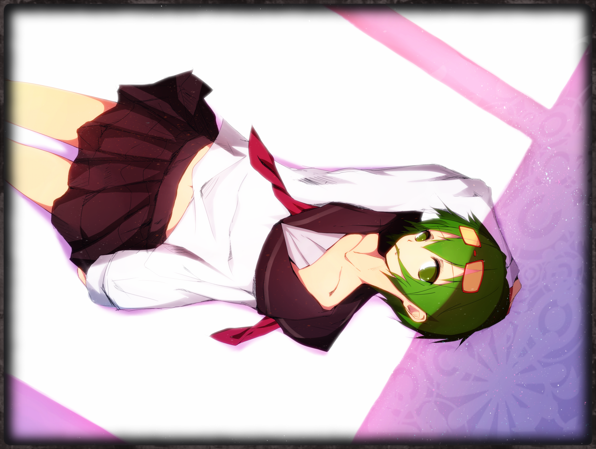 HD PC desktop wallpaper featuring GUMI from Vocaloid in anime style, wearing a school uniform with green hair and a dynamic pose against a pastel background.