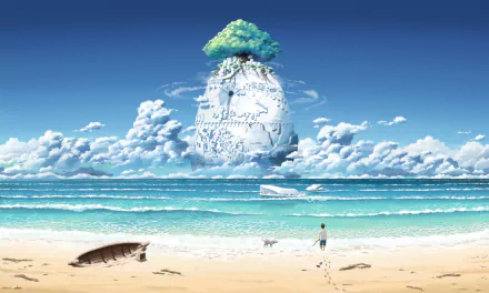 A high-definition anime wallpaper featuring a serene beach with blue waves, a lone tree atop a whimsical rock formation, and a person walking with a dog under a clear, cloud-dotted sky.