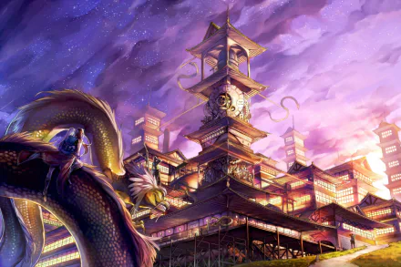 Anime original HD PC desktop wallpaper of a glowing temple at dusk with a coiled dragon in the foreground, lantern-lit architecture and a clock tower beneath a starry purple sky.