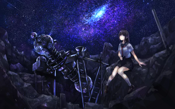 Anime original HD PC desktop wallpaper: a schoolgirl sits on rocky ruins beneath a vivid purple galaxy, beside a giant mechanical skeleton and ladder in a moody sci‑fi nightscape.