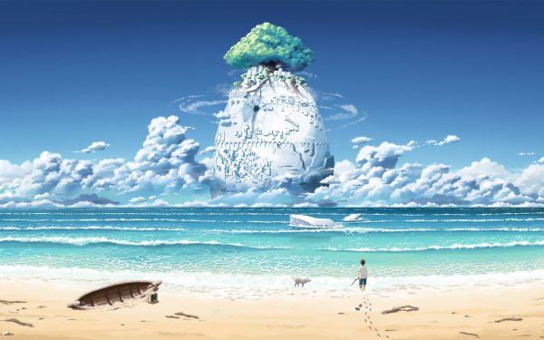 Anime Beach Dog Water Tree Cloud HD Wallpaper | Background Image