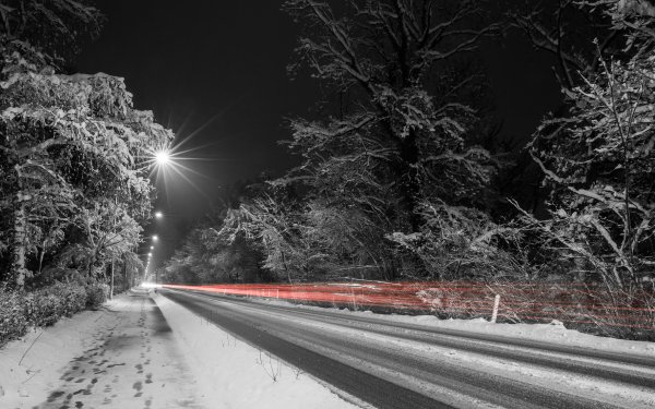 Man Made Road Night Light Time-Lapse Winter Snow HD Wallpaper | Background Image