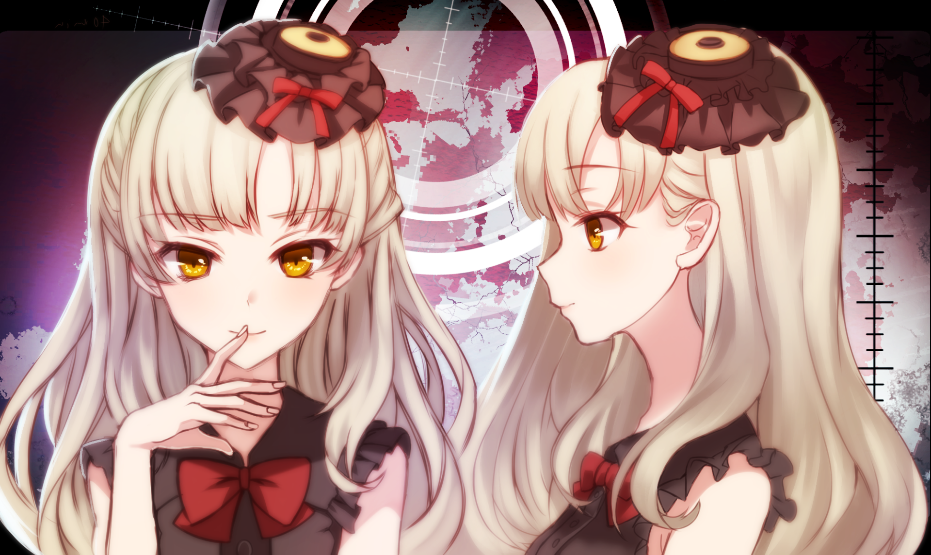 HD PC desktop wallpaper featuring Mayu from Vocaloid in anime style, with twin poses and detailed, flowing blonde hair and dark outfits complemented by red bows.