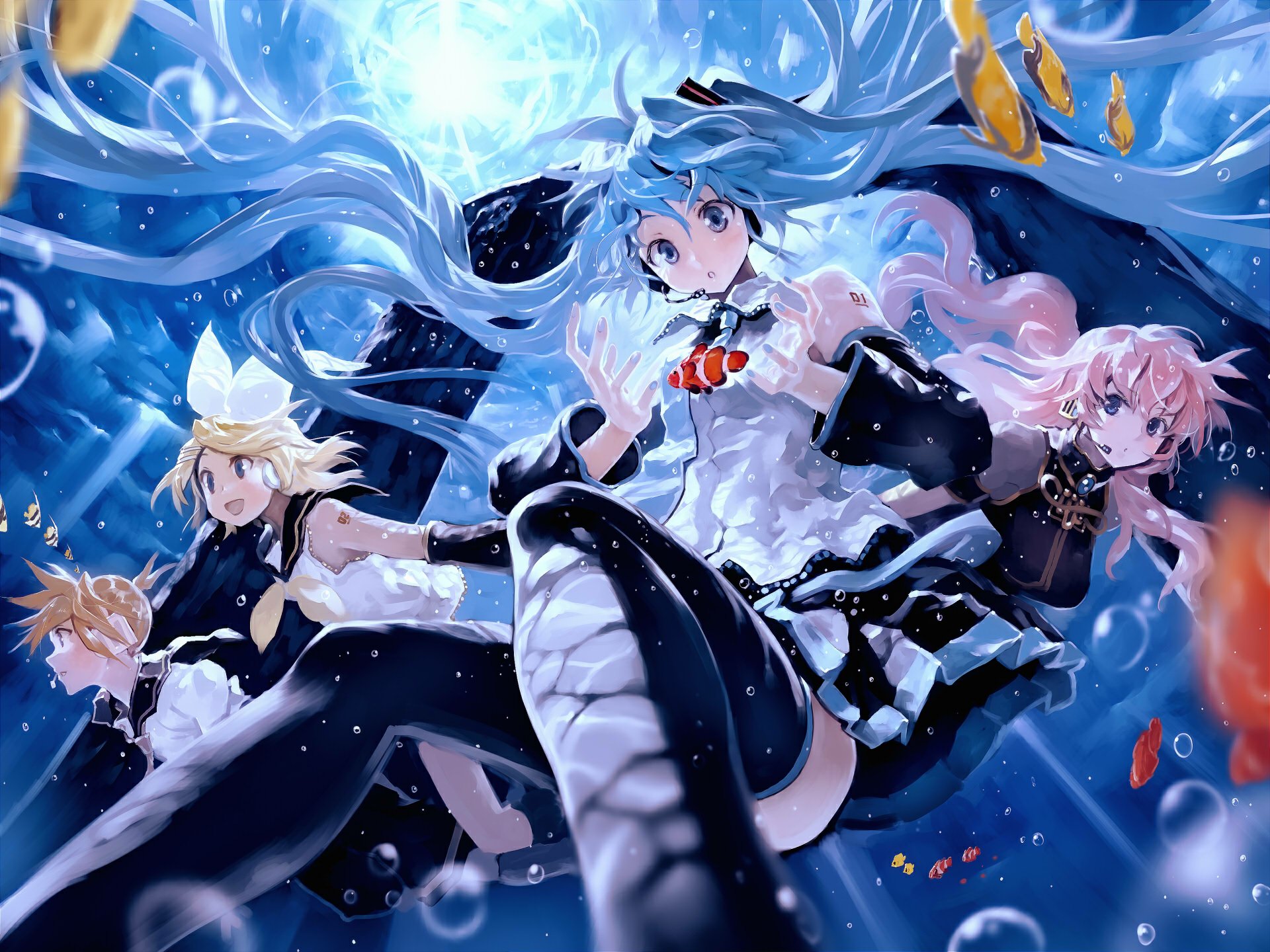 HD PC desktop wallpaper featuring anime-style Vocaloid characters Luka Megurine, Rin Kagamine, Len Kagamine, and Hatsune Miku in a dynamic underwater scene.