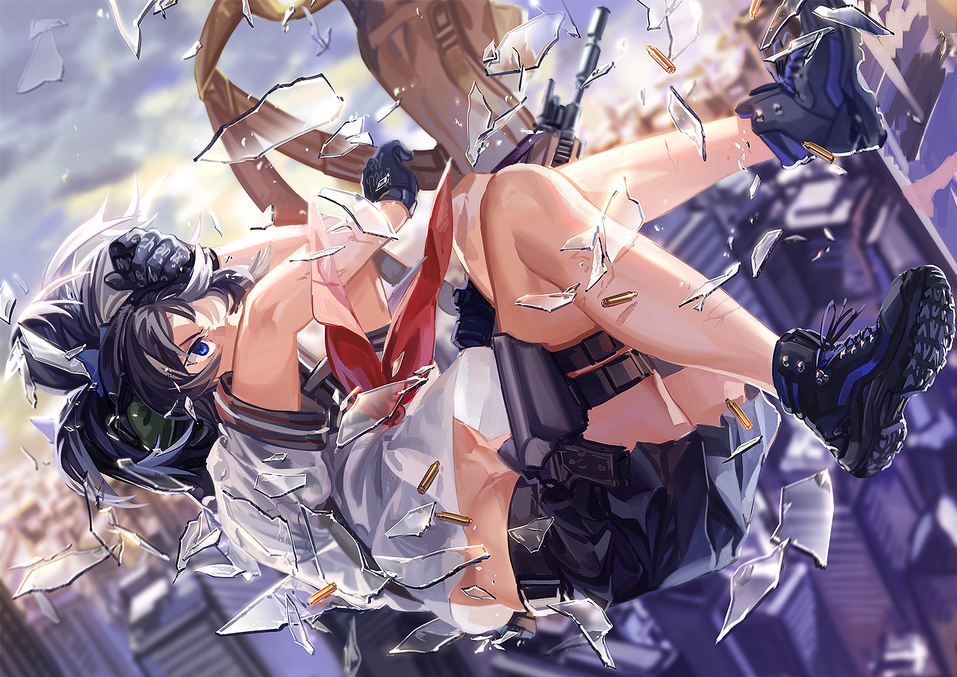 HD anime original artwork featuring a dynamic female character in combat gear, captured in an intense action scene, designed as a vivid PC desktop wallpaper.