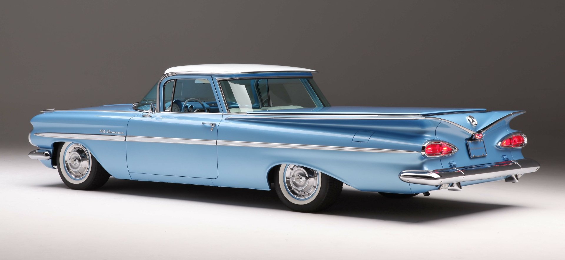 Light blue Chevrolet El Camino in studio profile, rendered as a high-detail 4K Ultra HD PC desktop wallpaper/background.