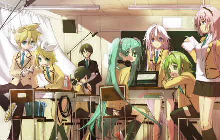 A vibrant HD desktop wallpaper featuring Hiyama Kiyoteru, Kaai Yuki, GUMI, IA, Luka Megurine, Len and Rin Kagamine, and Hatsune Miku from Vocaloid in a classroom setting, reflecting an anime style.