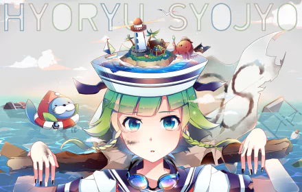 HD PC desktop wallpaper featuring GUMI from Vocaloid in an anime style, with a nautical theme and vibrant, detailed artwork.