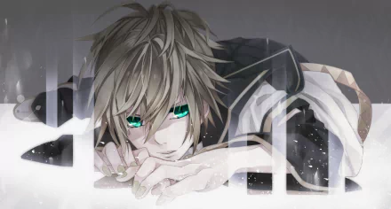 Len Kagamine (Vocaloid) anime HD desktop wallpaper: close-up reclining pose, tousled ash-blond hair, bright teal eyes, soft grayscale palette with geometric light overlays.