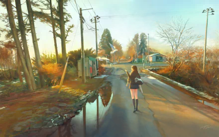 Anime-style artwork featuring a girl in a skirt and socks walking down a street at sunset. The scene includes reflective puddles, trees, and soft sunlight, creating a serene atmosphere. HD desktop wallpaper.