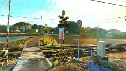 Railroad Anime Original HD PC desktop wallpaper: sunlit rural crossing with wooden walkway, warning signals and rolling hills rendered in a warm, detailed painterly style.