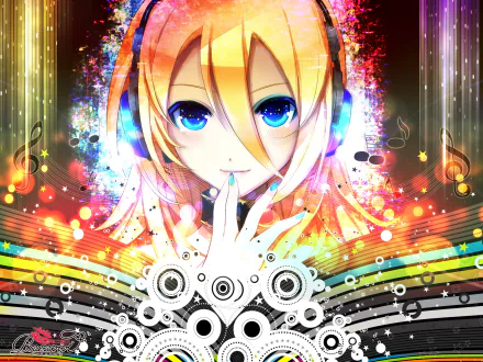 HD anime desktop wallpaper featuring Lily from Vocaloid with vibrant colors, musical notes, and dynamic graphic elements.