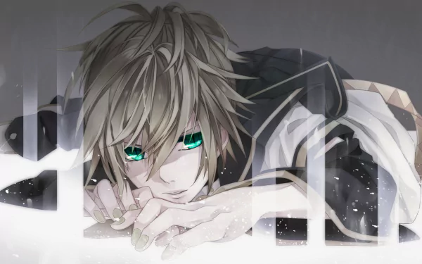 Len Kagamine (Vocaloid) anime HD desktop wallpaper: close-up reclining pose, tousled ash-blond hair, bright teal eyes, soft grayscale palette with geometric light overlays.