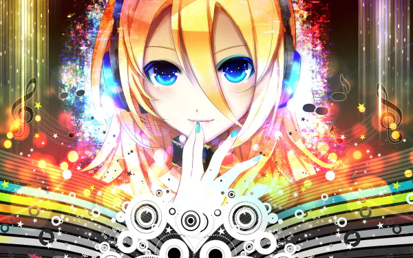 HD anime desktop wallpaper featuring Lily from Vocaloid with vibrant colors, musical notes, and dynamic graphic elements.