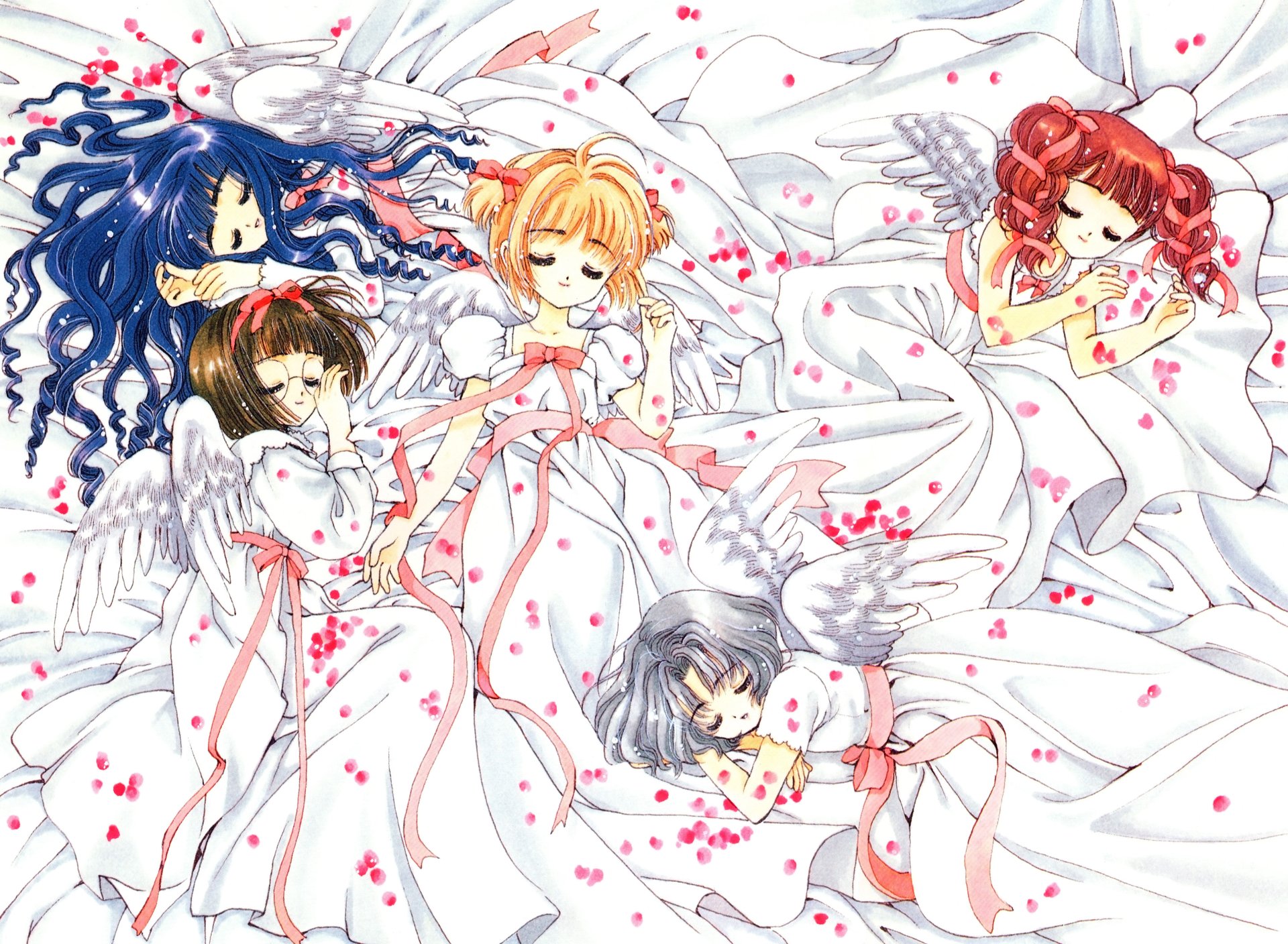 Cardcaptor Sakura anime 2K Quad HD PC desktop wallpaper: Sakura Kinomoto and friends sleep in flowing white gowns with angel wings as pink petals drift around them.