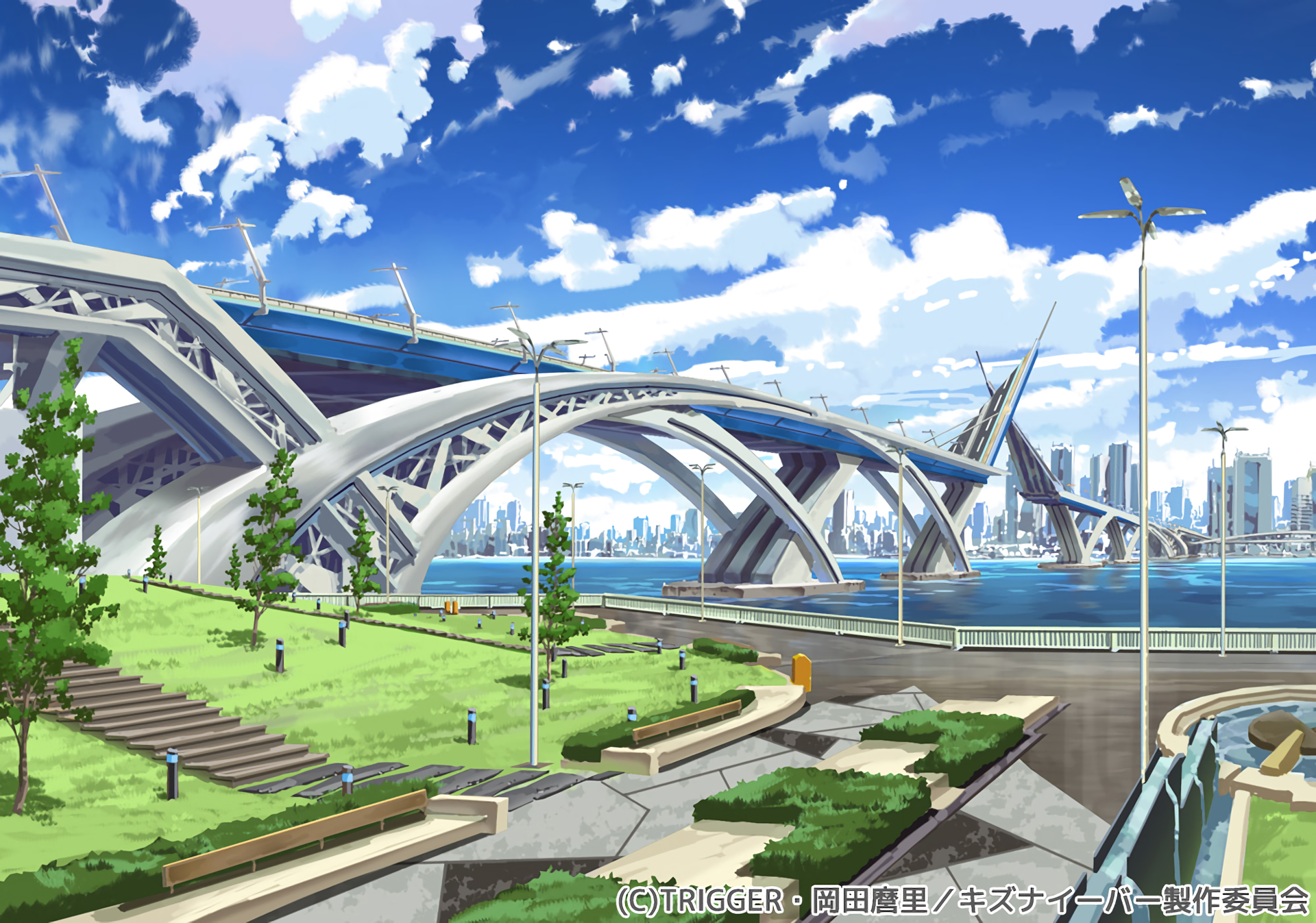 HD PC desktop wallpaper featuring a vibrant, futuristic cityscape with dynamic architecture under a bright blue sky, inspired by the anime Kiznaiver.