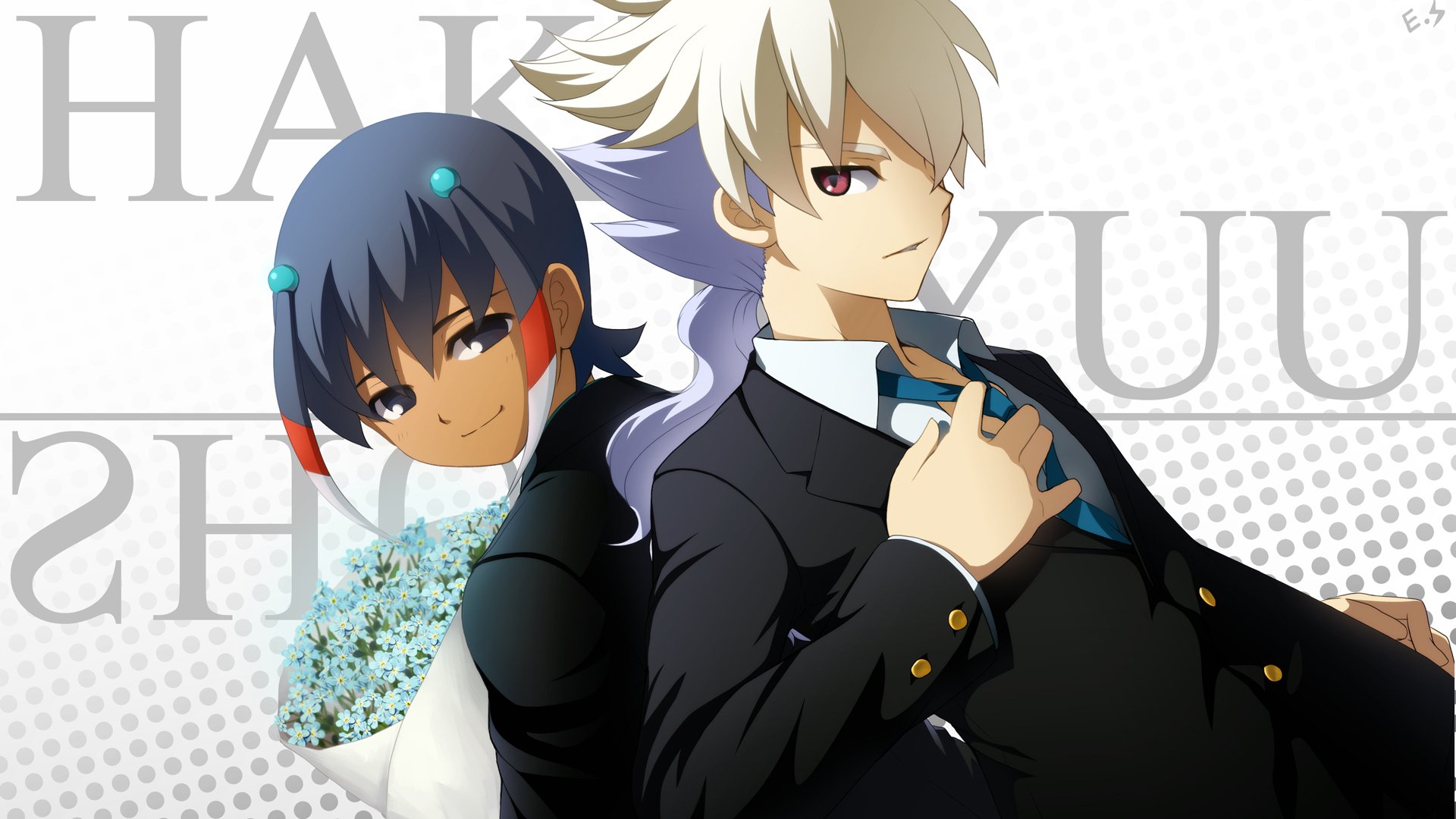 HD PC desktop wallpaper featuring two characters from the anime Inazuma Eleven, one holding flowers, both dressed in formal attire with a subtle patterned background.