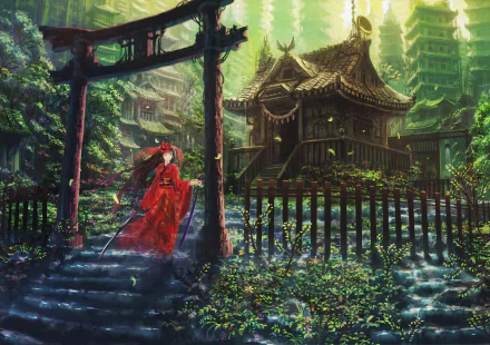 An anime-style HD wallpaper of a serene temple surrounded by lush greenery. A figure in a red robe stands on stone steps leading to the temple. The image depicts a tranquil and enchanting atmosphere.